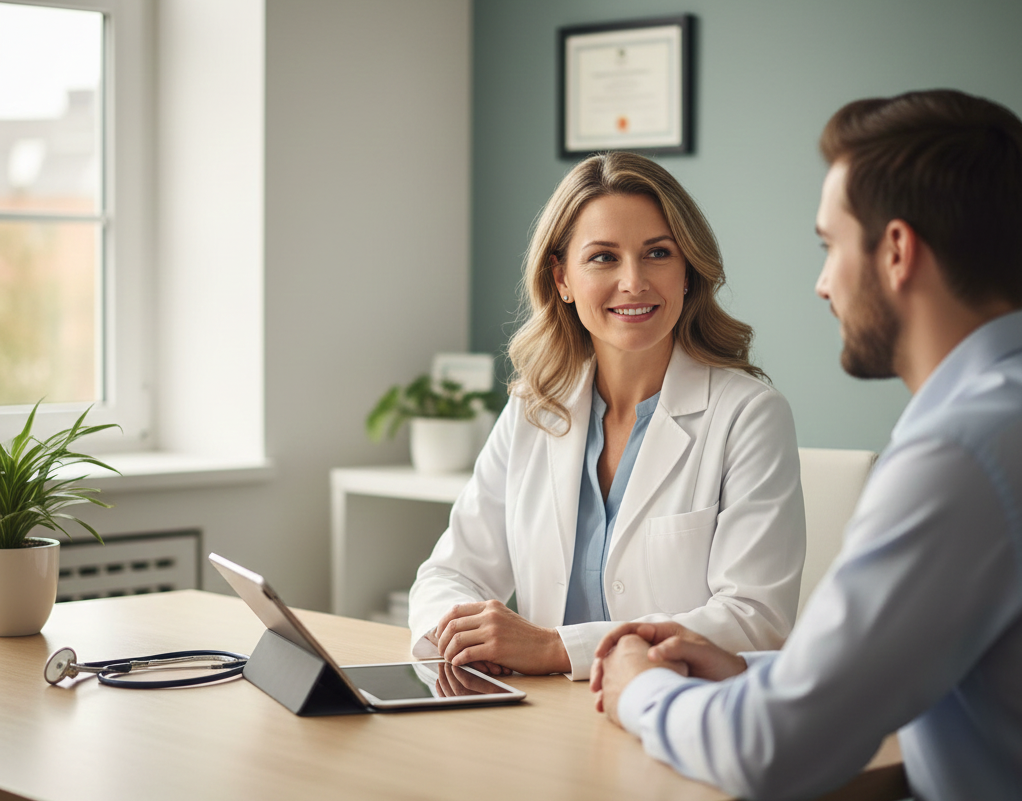 Šeimos gydytojas modernioje klinikoje, ramiai bendrauja su pacientu.